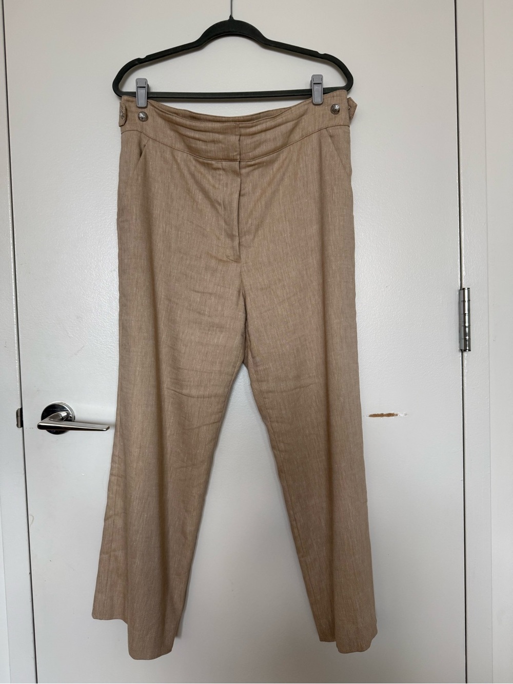 Veronica Beard Beige Linen Cropped Wide-Leg Pants